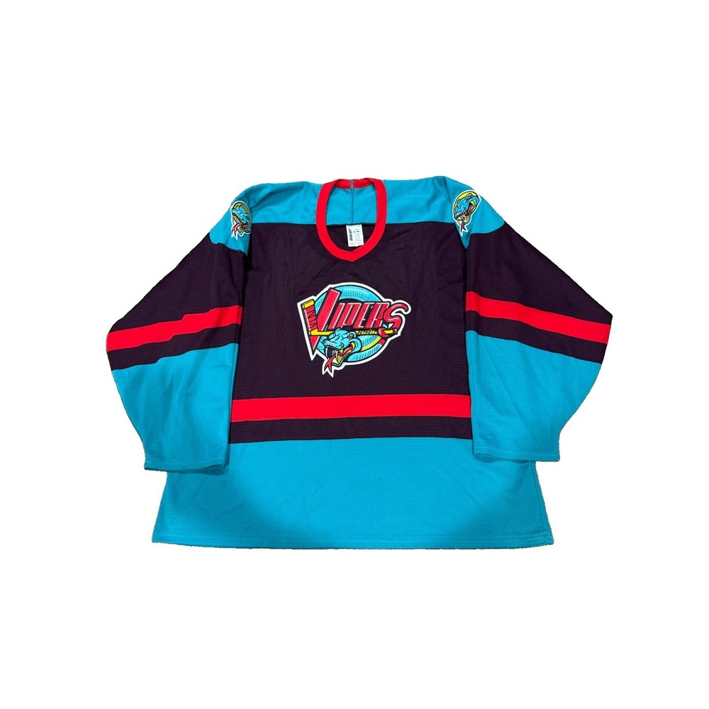 Vintage 1990's Detroit Vipers Bauer Hockey Jersey Black Teal Snake IHL Size 2XL
